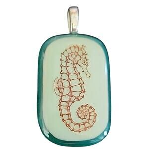 Seahorse Sepia Fused Glass w/Green Bottom Pendant Only Sealife Lovers 2" x 1"